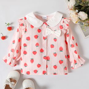 Toddler Girl Doll Collar Strawberry Print Button Design Long-sleeve Blouse