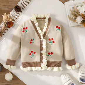 Baby Girl Floral Embroidered Khaki Ruffle Long-sleeve Cardigan Sweater