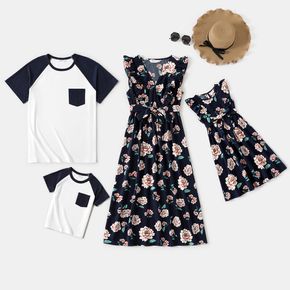 Family Matching Floral Print V Neck Sleeveless Ruffle Dresses and Short Raglan Sleeve T-shirts Sets