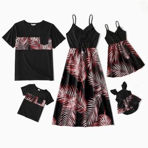 Family Matching Black Ruffle V Neck Spaghetti Strap Splicing Palm Leaf Print Dresses and Short-sleeve T-shirts Sets