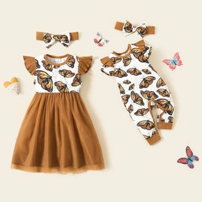 Sibling Matching All Over Butterfly Print Flutter-sleeve Mesh Splicing Dress and Jumpsuit Sets