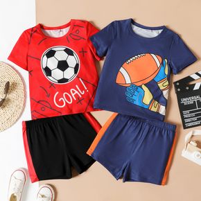 2-piece Toddler Boy Rugby/Football Print Short-sleeve Tee and Colorblock Elasticized Shorts Sporty Stylish