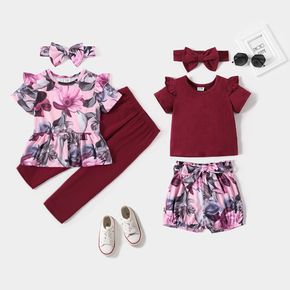 Sibling Matching Solid and Floral Print Short-sleeve Sets