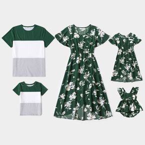 Family Matching Floral Print Green Short-sleeve Tulip Hem Dresses and Colorblock T-shirts Sets