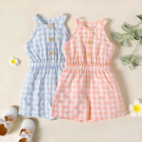 Toddler Girl Button Design Sleeveless Plaid Halter Romper Jumpsuit Shorts
