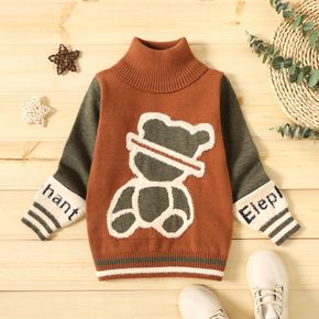 Bear and Letter Print High Collar Color Block Long-sleeve Green or Brown or Coral or Blue Toddler Sweater Top