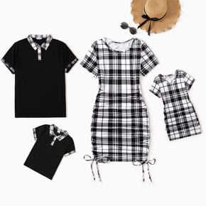 Family Matching Black Plaid Ruched Drawstring Mini Bodycon Dresses and Polo Shirts Sets
