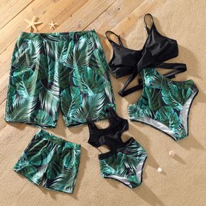 Family Matching All Over Palm Leaf Print Swim Trunks Shorts and Hollow Out One-Piece Swimsuit
