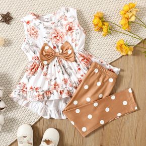 2-teiliges Kleinkind Mädchen Blumendruck Bowknot Design gekräuseltes hoch niedriges ärmelloses Oberteil und gepunktete Hose Set