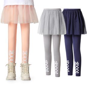Kid Girl Bowknot Print Mesh Skirt Leggings