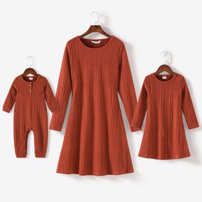 Solid Knitting Textured Round Neck Long-sleeve Dress for Mom and Me