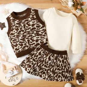 3pcs Baby Girl Coffee Leopard Knitted Vest with Skirt and Solid Long-sleeve Romper Set