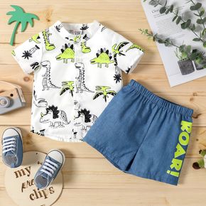 2pcs Baby Boy All Over Dinosaur Print Short-sleeve Shirt and Letter Print Imitation Denim Shorts Set