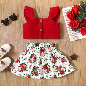 2-teiliges Set aus rotem Leibchen mit gekräuseltem Knopfdesign und Papiertaschenrock mit Blumendruck für Kleinkinder