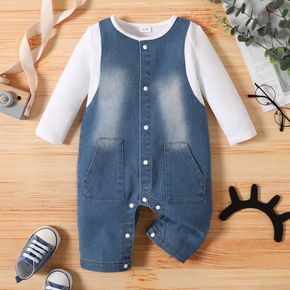 Baby Boy/Girl Long Sleeve Faux-two Snap-up Denim Jumpsuit with Pockets