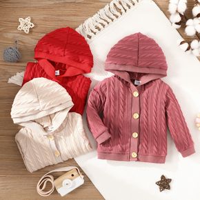 Baby Boy/Girl Solid Cable Knit Textured Button Long-sleeve Hooded Outwear