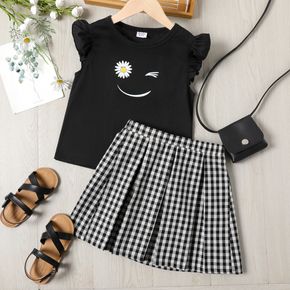 2-piece Kid Girl Floral Face Emojis Print Flutter-sleeve Black Tee and Plaid Pleated Skirt Set