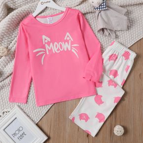 2-piece Kid Girl Letter Cat Print Long-sleeve Pink Tee and Allover Print Pants Pajamas Lounge Set (Flame Retardant Fabric)