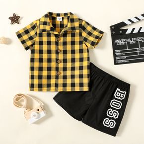 2-piece Toddler Boy Plaid Lapel Collar Short-sleeve Shirt and Letter Print Black Shorts Set