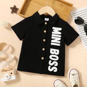 Toddler Boy 100% Cotton Letter Print Button Design Lapel Collar Short-sleeve Shirt