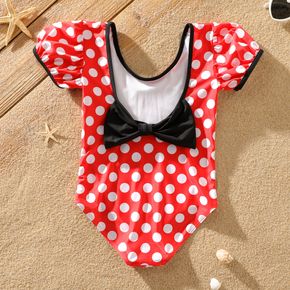 Kid Girl Polka dots Bowknot Design Backless Short-sleeve Vacation Onepiece Swimsuit