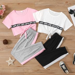 2-piece Kid Girl Letter Print Tie Knot Tee and Colorblock Elasticized Pants Set