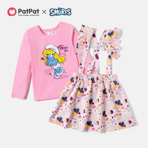 Smurfs 2-piece Kid Girl Long-sleeve Pink Tee and Ruffled Heart Print Suspender Skirt Set