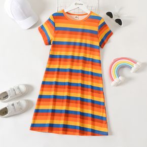 Kid Girl Rainbow Print Stripe Round-collar Short-sleeve Dress