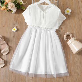 2-piece Kid Girl Solid Color Mesh Design Cami Dress and Hollow out Short-sleeve Cardigan Set