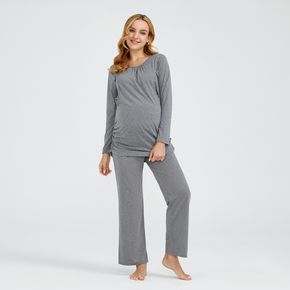 Maternity Ruched Side Long-sleeve Tee and Pants Pajamas Lounge Set