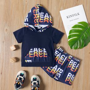 2-piece Toddler Boy Letter Print Hooded Tee and Elasticized Shorts Casual Set