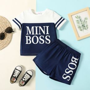 2-piece Toddler Boy Letter Print Colorblock Tee and Deep Blue Shorts Set