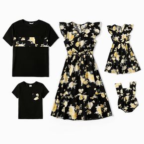 Family Matching Floral Print Black Flutter-sleeve Belted Dresses and Splicing Short-sleeve T-shirts Sets