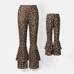 Brown Leopard Layered Ruffle Bell Bottom Pants for Mom and Me