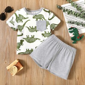 2-piece Toddler Boy Animal Dinosaur Letter Print Tee and Elasticized Grey Shorts Set