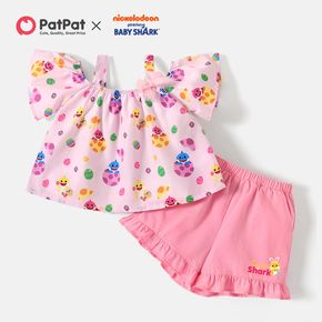 Baby Shark 2-piece Toddler Girl Easter Cold Shoulder Strap Top and Ruffled 100% Cotton Shorts Set