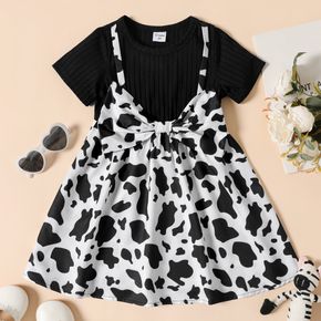 Toddler Girl Faux-two Cow Print Bowknot Design Short-sleeve Dress