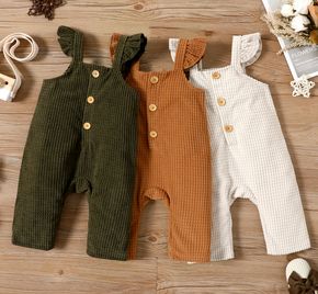 Baby Girl Solid Corduroy Sleeveless Ruffle Button Down Jumpsuit