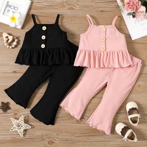 2pcs Baby Girl Solid Spaghetti Strap Peplum Top and Flared Pants Set
