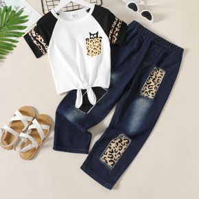 2-piece Kid Girl Animal Leopard Print Tie Knot Raglan Sleeve Tee and Patchwork Ripped Denim Jeans Set