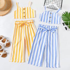 2-piece Kid Girl Stripe Button Design Camisole and Belted Paperbag Capri Pants Set
