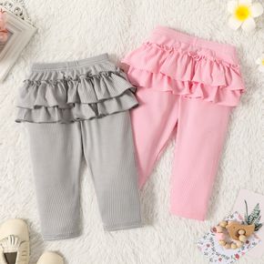 Baby Girl Solid Ribbed Layered Ruffle Skirted Leggings