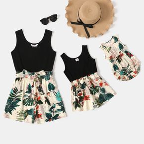 Solid Ribbed Splicing Floral Print Scoop Neck Sleeveless Tank Romper for Mom and Me