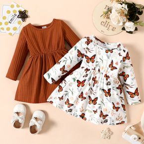Baby Girl Ribbed Brown/White Butterfly Print Long-sleeve Dress