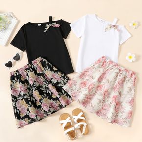 2-piece Kid Girl Bowknot Design One Shoulder Strap Tee and Floral Print Elasticized Skirt