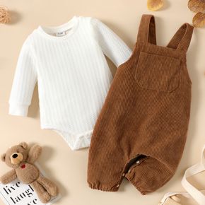 2pcs Baby Boy Solid Knitted Long-sleeve Romper and Corduroy Overalls Set