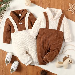 Baby Boy/Girl Colorblock Faux-two Cable Knit Lapel Long-sleeve Jumpsuit