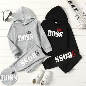 2-piece Kid Boy Letter Print Solid Color Hoodie Sweatshirt and Elasticized Pants Casual Set
