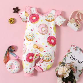 Baby Girl Allover Donut Print Pink Ruffle Short-sleeve Jumpsuit