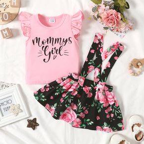 2pcs Baby Girl Letter Print Pink Flutter-sleeve Tee and Floral Print Suspender Skirt Set